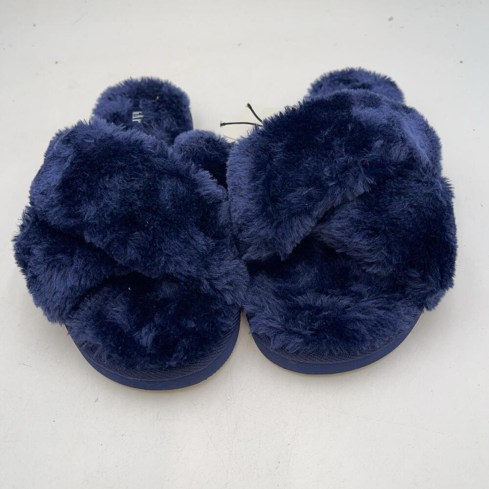Gap Slippers Womens Blue Faux Fur Cross Band Slide Cozy House Shoes Size 8